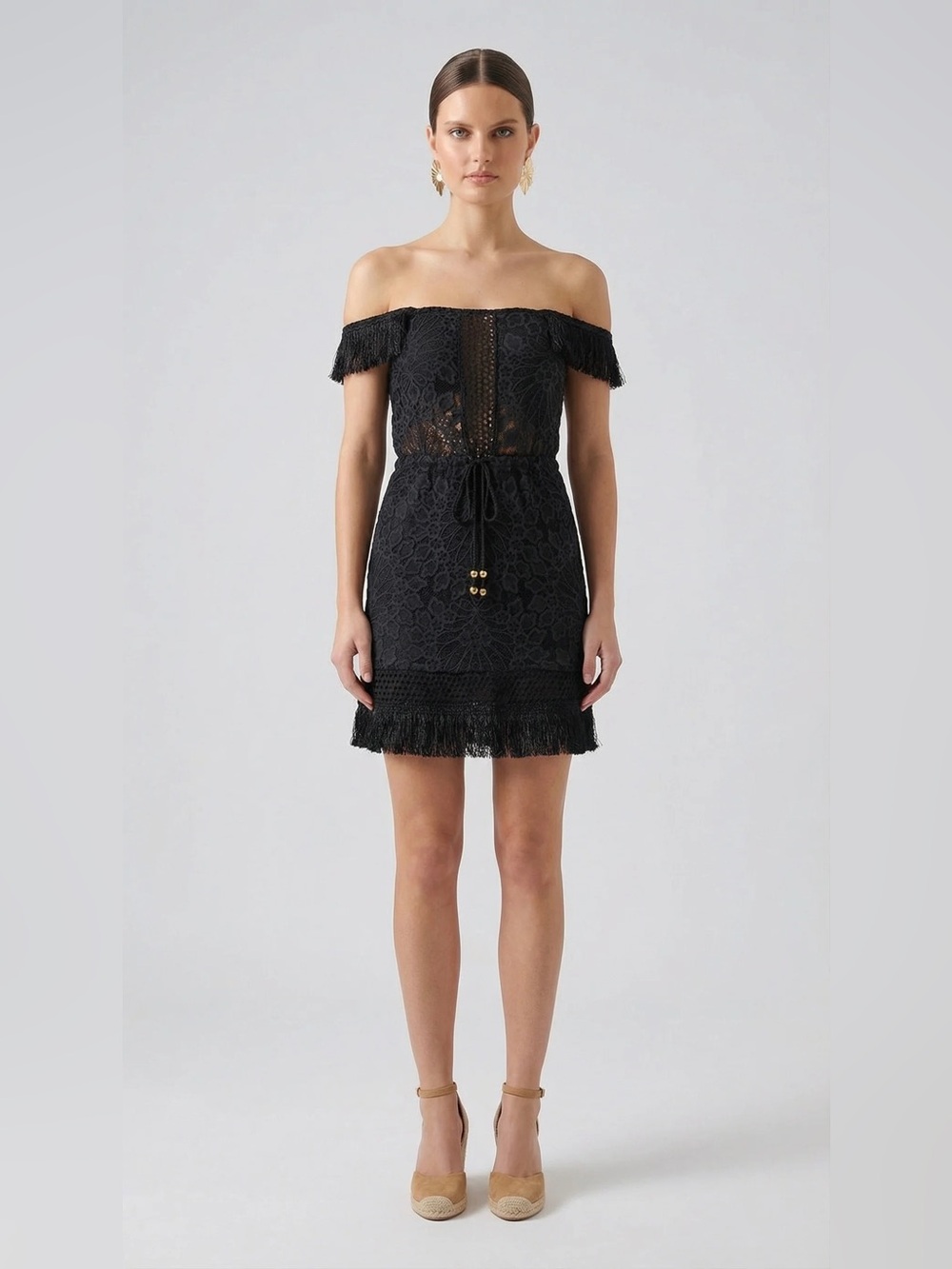 Nightcap Free People Black Lotus Lace Fringe Off-shoulder boho mini dress M L XL